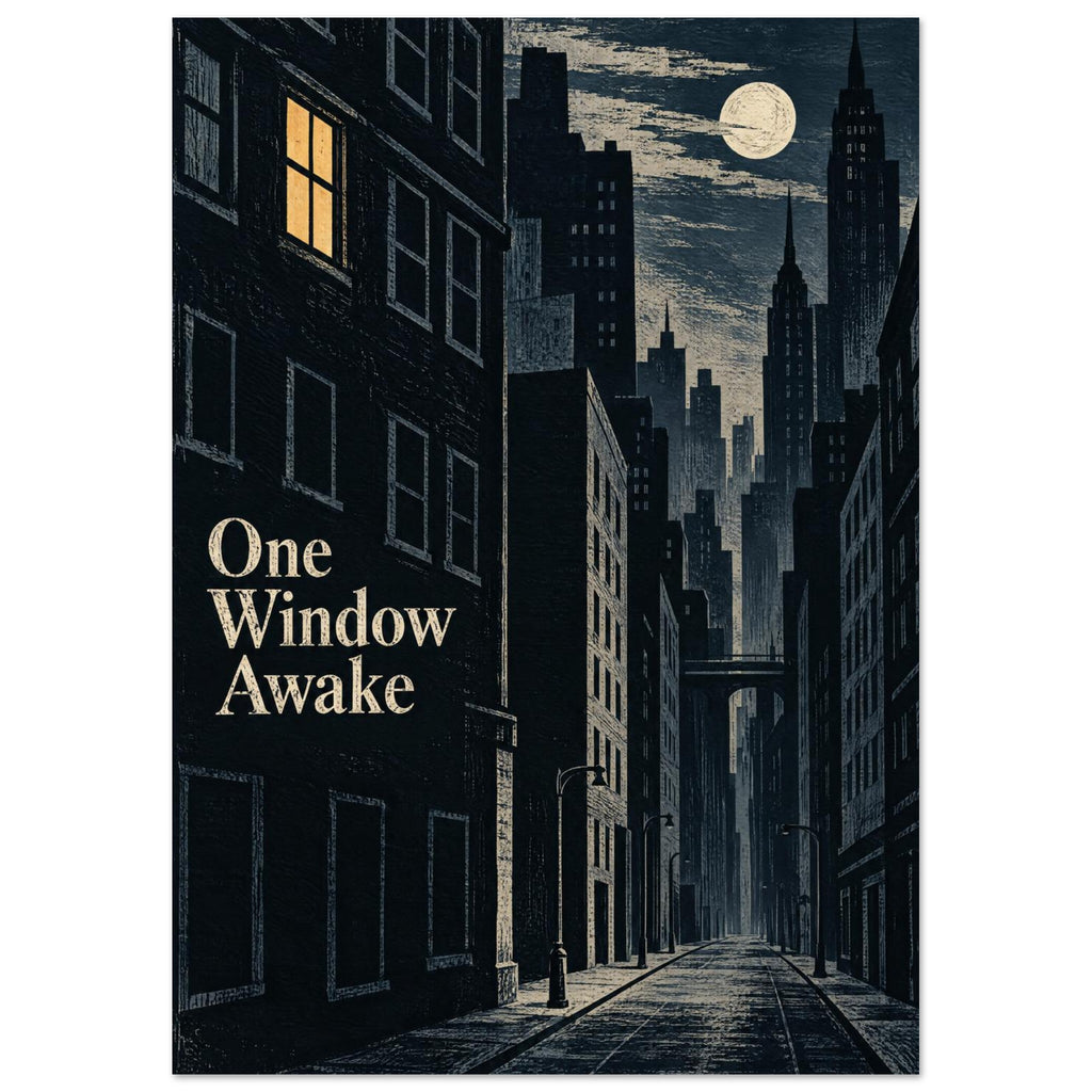 Moonlit city street with tall dark buildings, one golden window and cream text reading ‘One Window Awake’.