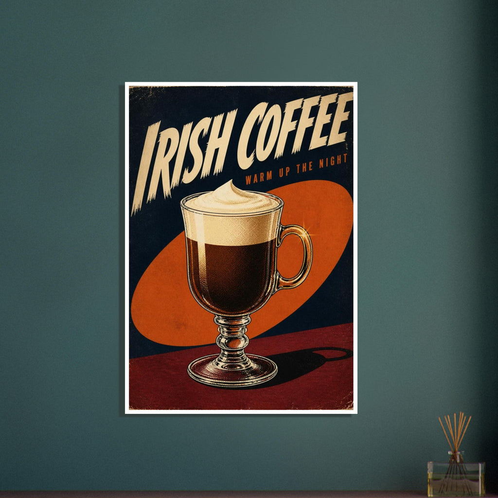Irish coffee in a cream-topped stemmed glass, with large cream lettering, an orange oval and a dark background.