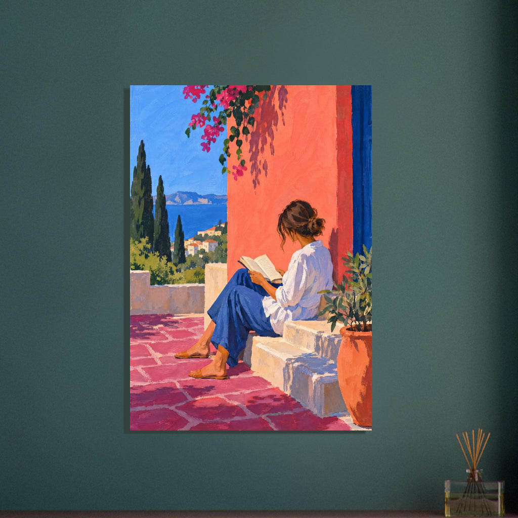 Woman reading on stone steps beside a coral wall, with pink flowers, potted greenery and a blue sea view.