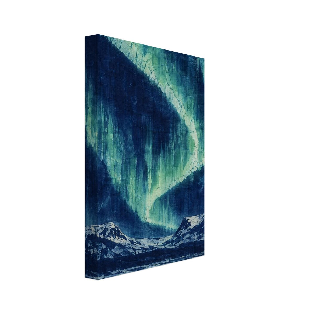 Green northern lights sweep across a deep blue sky above snowy mountains and an icy foreground, with crackled textures.