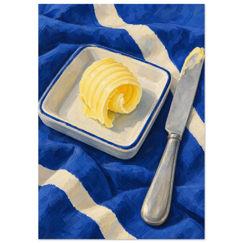 The Butter Curl still life showing a curled pat of butter on a rectangular dish beside a silver knife on cobalt cloth.