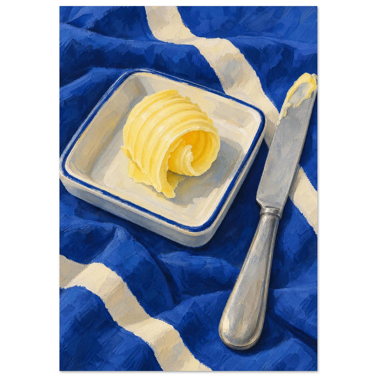 The Butter Curl still life showing a curled pat of butter on a rectangular dish beside a silver knife on cobalt cloth.