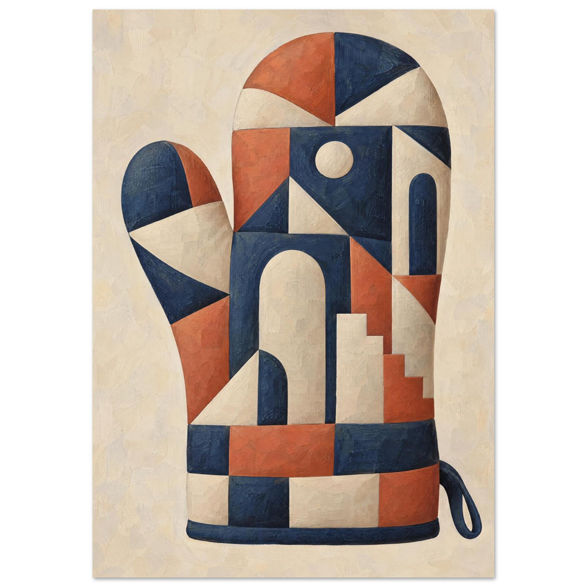 Oven glove with navy, terracotta and cream geometric shapes, arches and steps on a textured cream background.