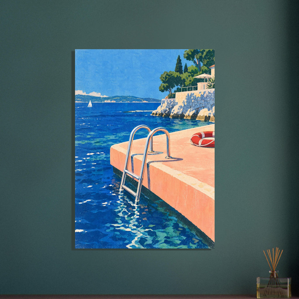Swimming ladder descending from a peach platform into blue sea, with a red lifebuoy, sailboat and tree-lined stone terrace.