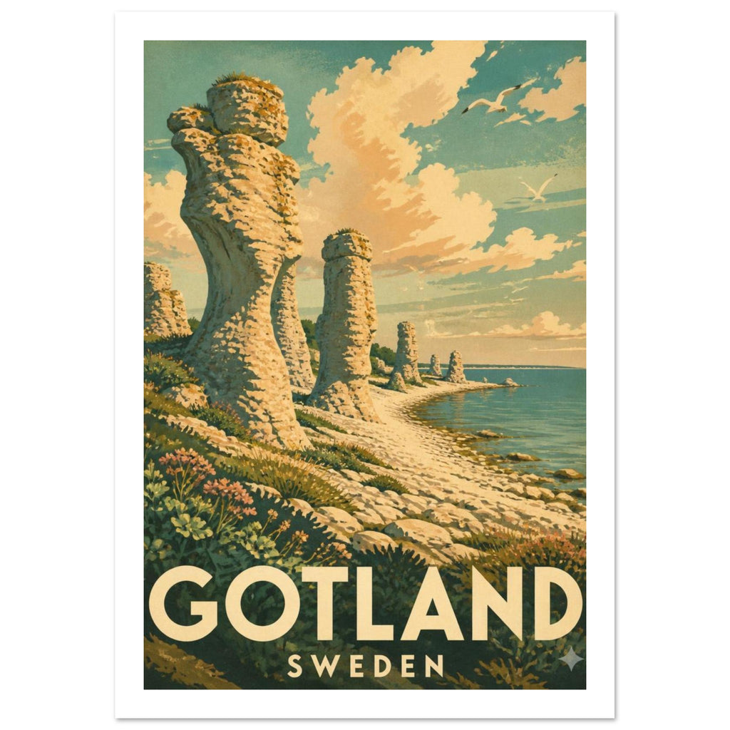 Gotland Sweden travel poster with tall coastal rock pillars, teal sea, golden clouds and cream lettering.