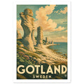 Gotland Sweden travel poster with tall coastal rock pillars, teal sea, golden clouds and cream lettering.