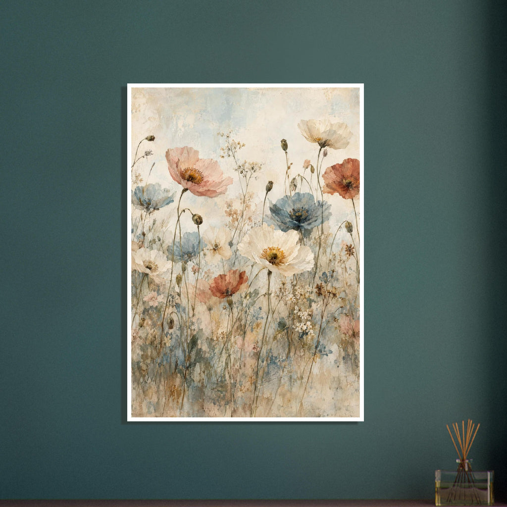 Cream, blue, pink and terracotta poppies on slender stems among small meadow flowers against a textured beige background.