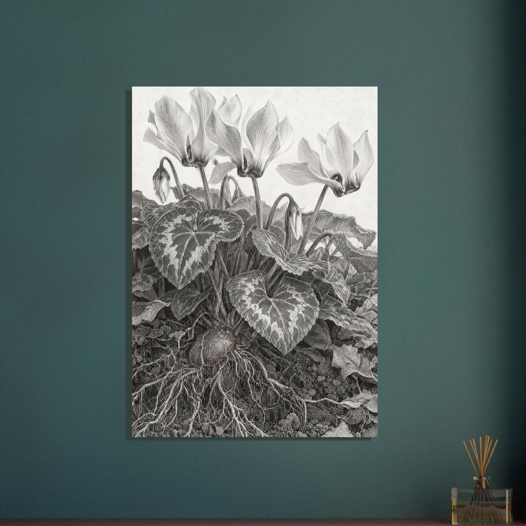 Cyclamen pencil drawing with swept-back flowers, patterned heart-shaped leaves, an exposed tuber and branching roots.