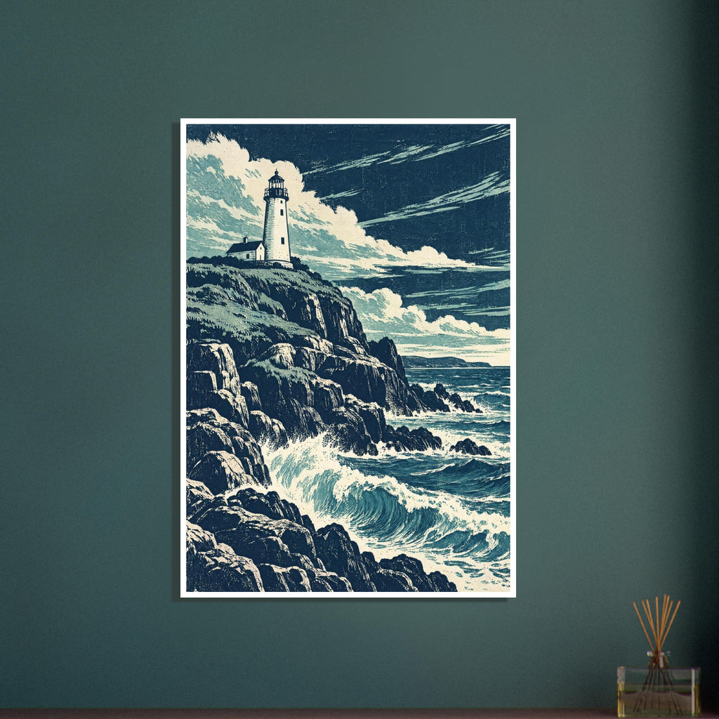 Lighthouse on rugged cliffs above breaking blue waves, beneath sweeping cream clouds in a textured navy sky.