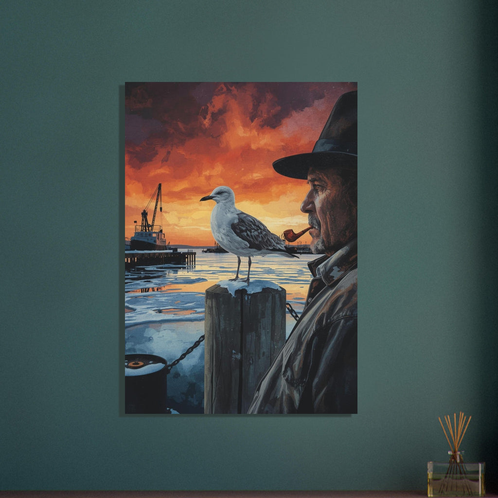 Fisherman and Seagull at Sunset wall art print by Printavelle – close-up