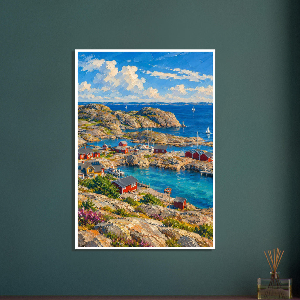 Rocky coastal village with red cottages, turquoise inlets, wooden jetties and sailboats beneath a blue, cloud-filled sky.