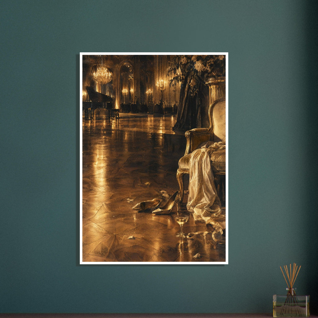 Golden ballroom with chandelier, grand piano, gilded chair draped in fabric, heels and a glass on a reflective floor.