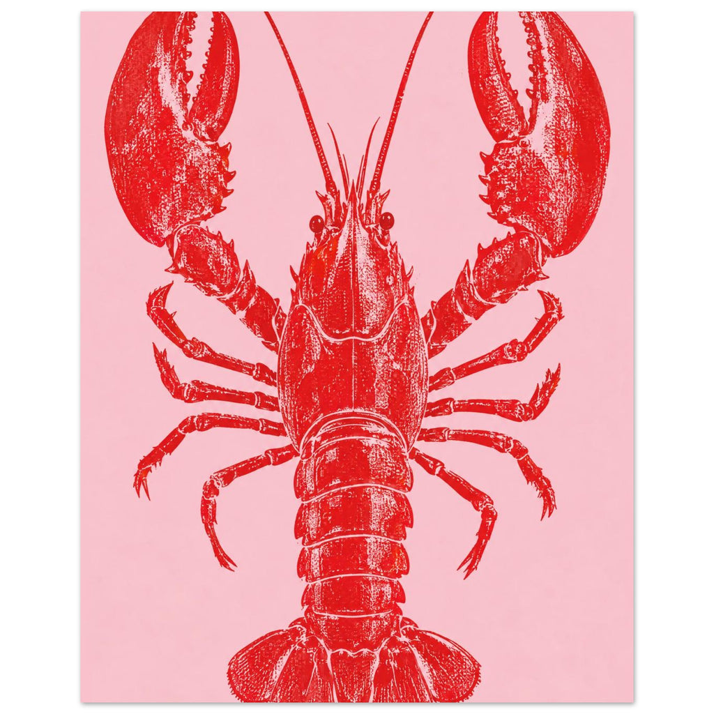 Red lobster with large raised claws, long antennae and a textured shell on a plain pink background.