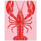 Red lobster with large raised claws, long antennae and a textured shell on a plain pink background.