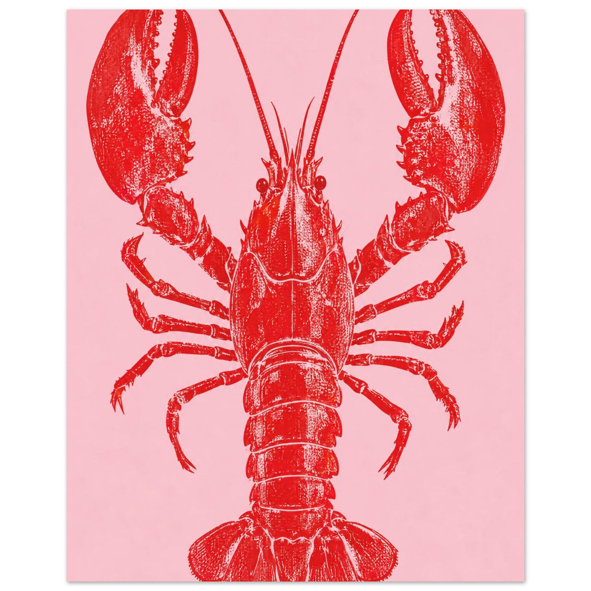 Red lobster with large raised claws, long antennae and a textured shell on a plain pink background.