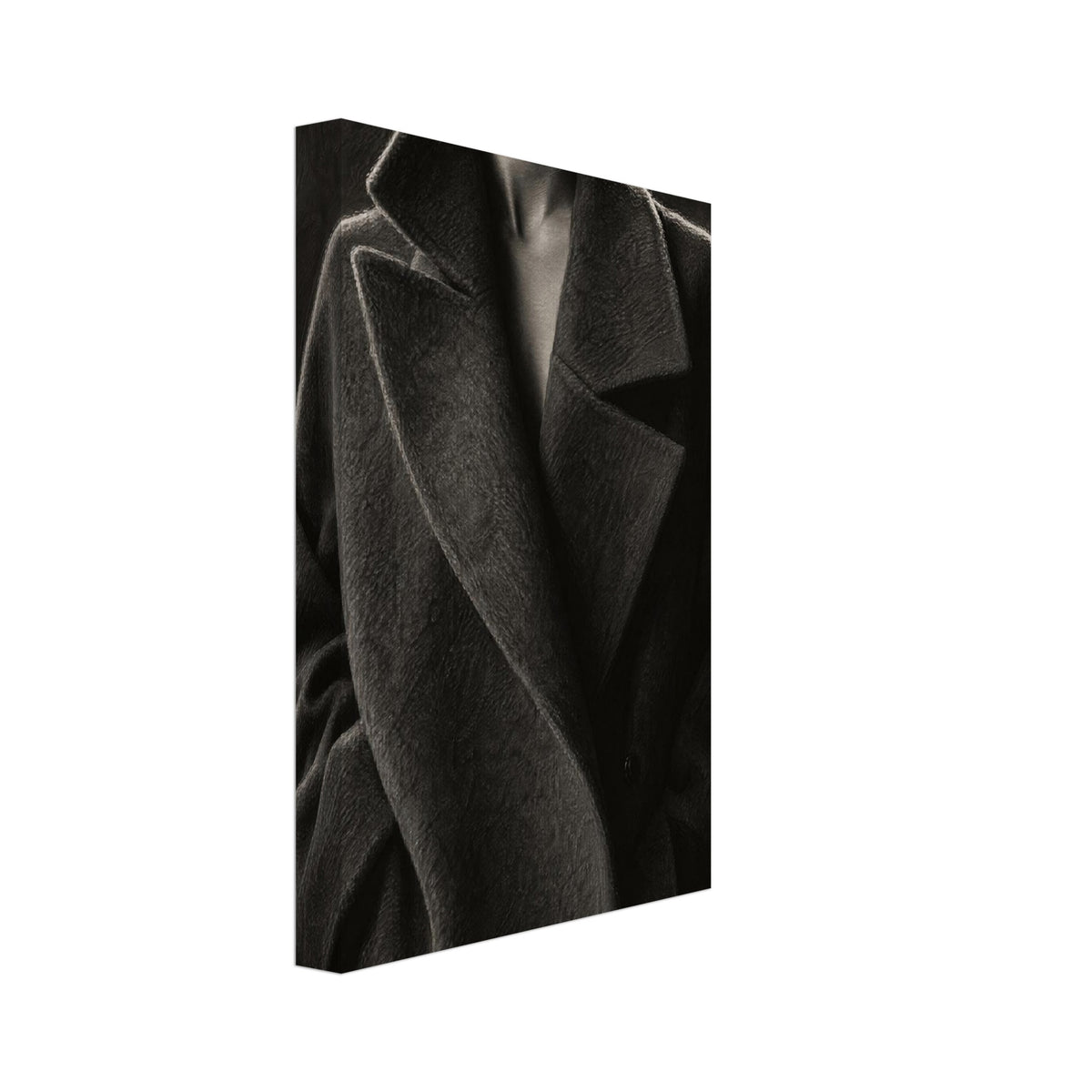 The Oversized Lapel, a chin-to-hip photograph of a model in a wool coat with a brightly outlined shoulder against charcoal sh