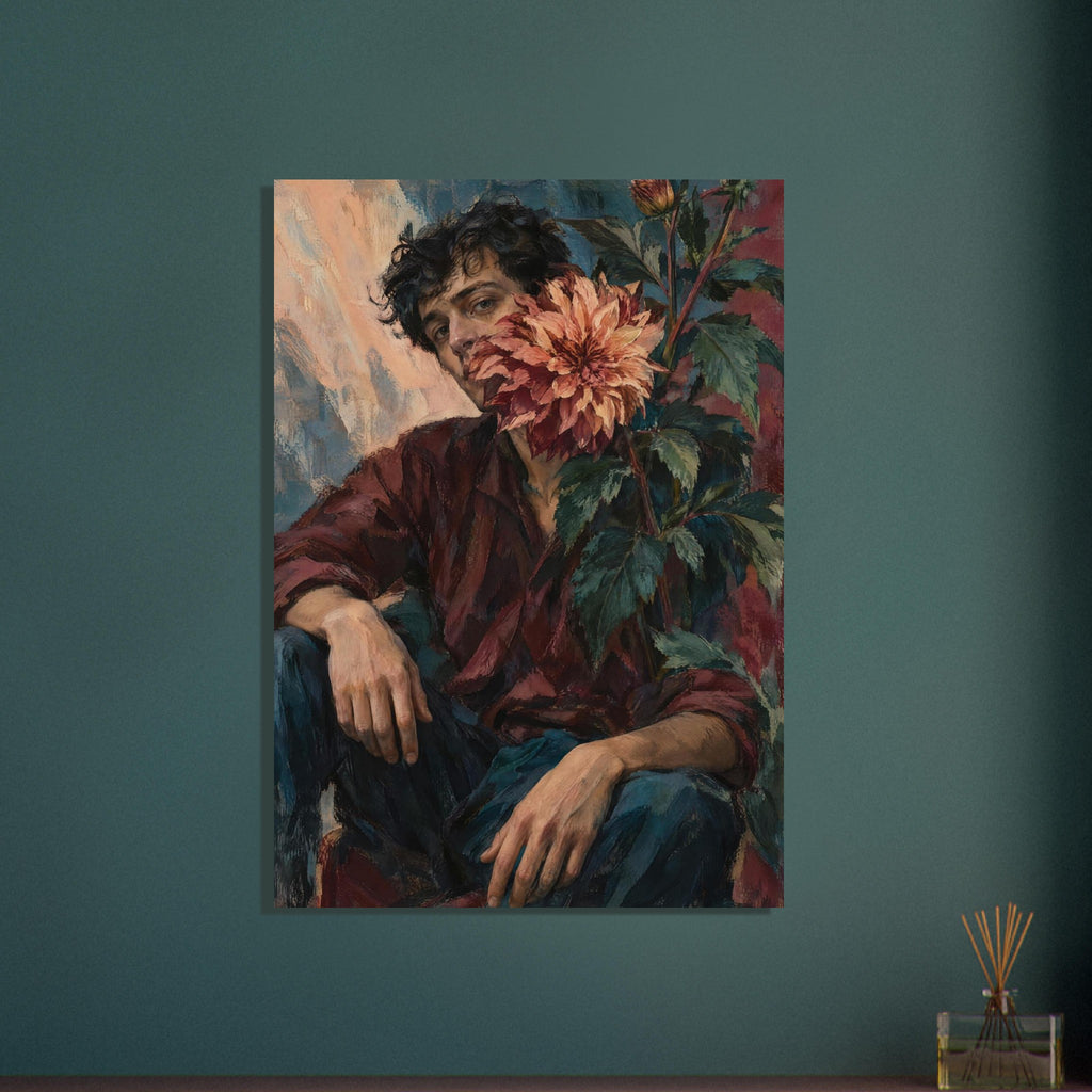 Seated dark-haired man in a burgundy shirt, with a large peach dahlia covering part of his face and leafy stems beside him.