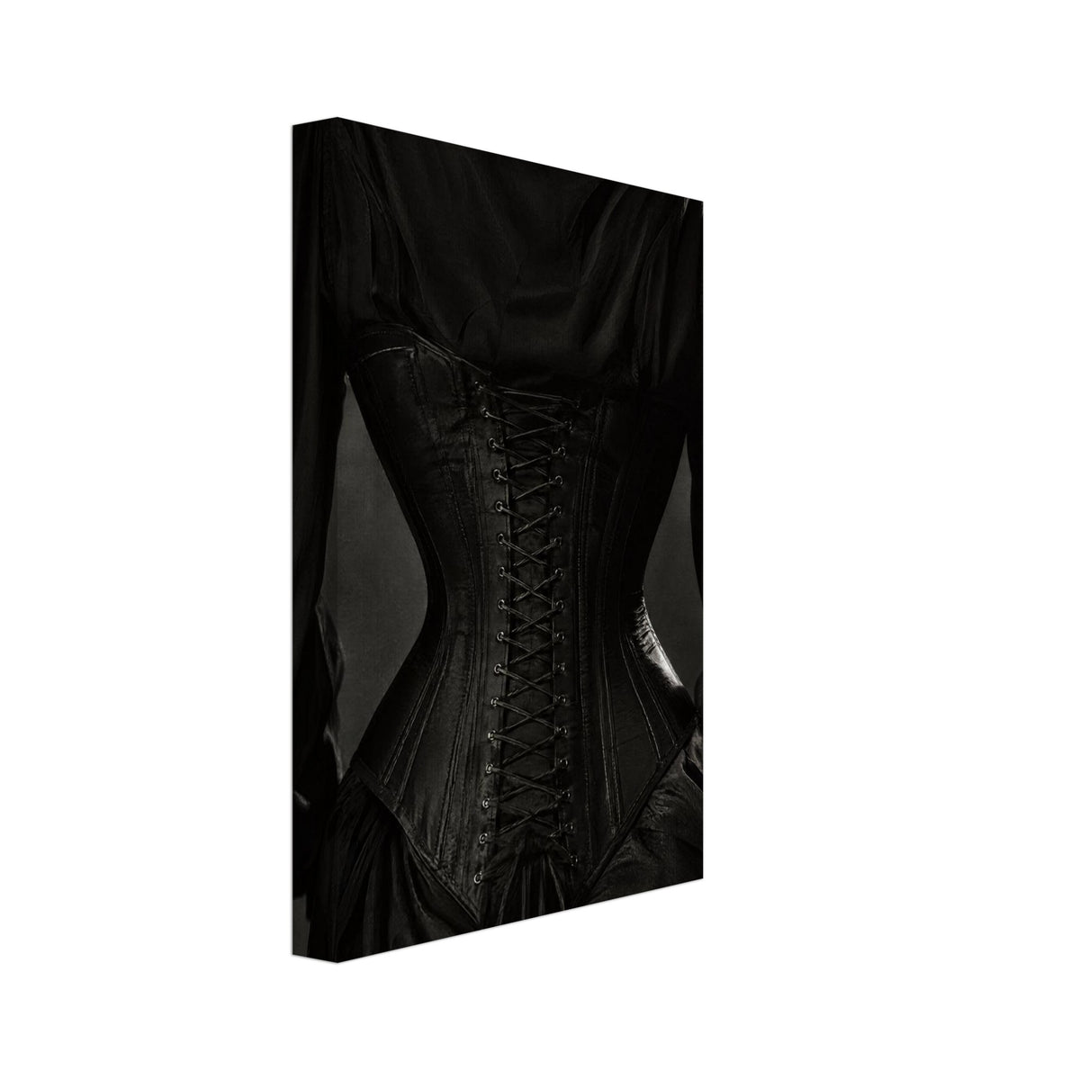 Rear view of a figure wearing a black lace-up corset over a dark blouse with gathered shoulders, in black and white.