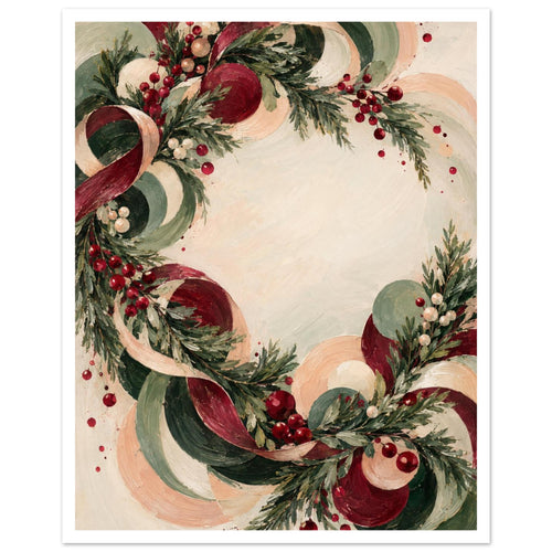 Christmas wreath of evergreen branches, red berries and sweeping burgundy, green and peach curls on a cream background.