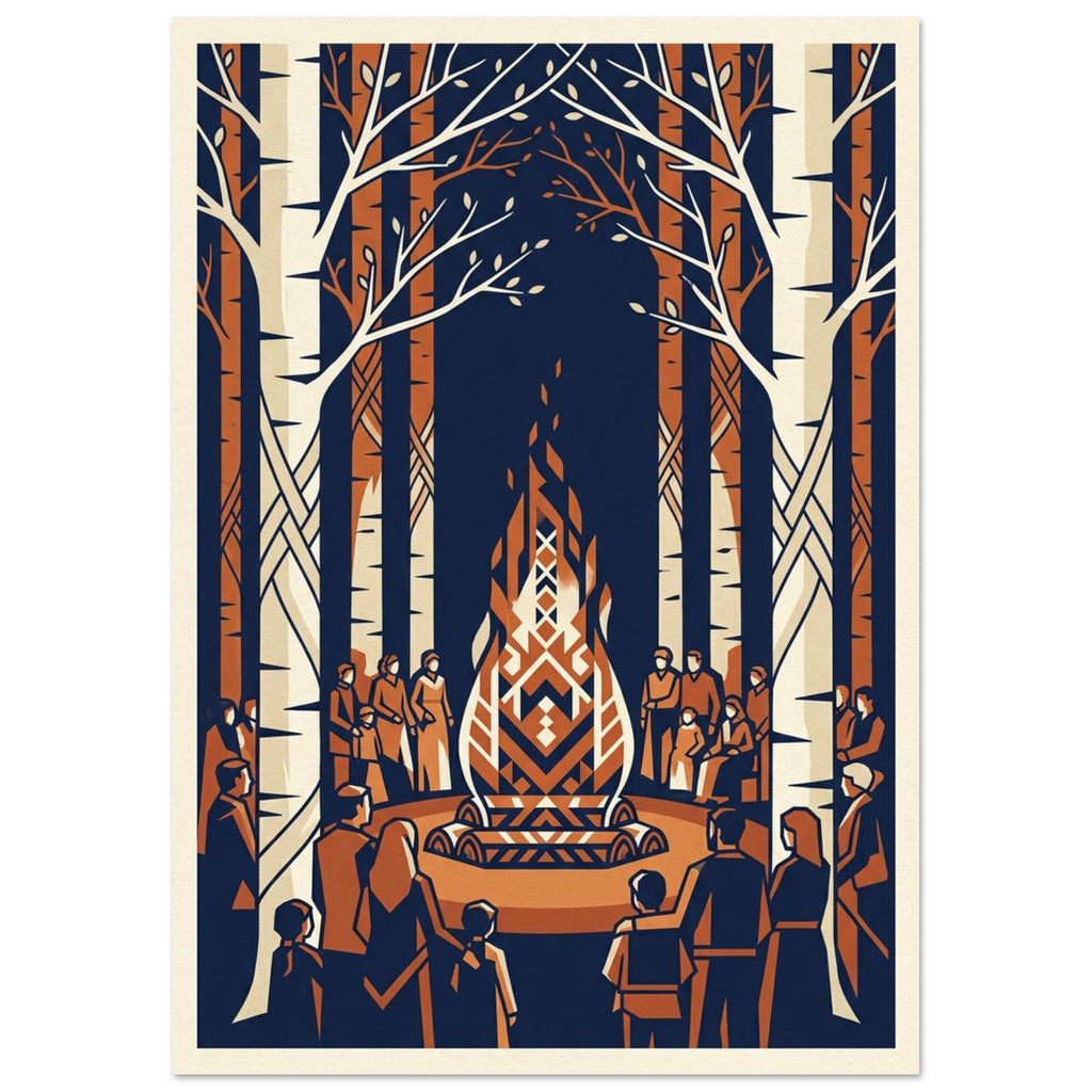 Birch trees surround people gathered around a geometric bonfire, illustrated in navy, cream and rust orange.