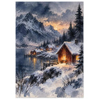 Watercolour snowy Nordic village at dusk with warm light in the cottage windows