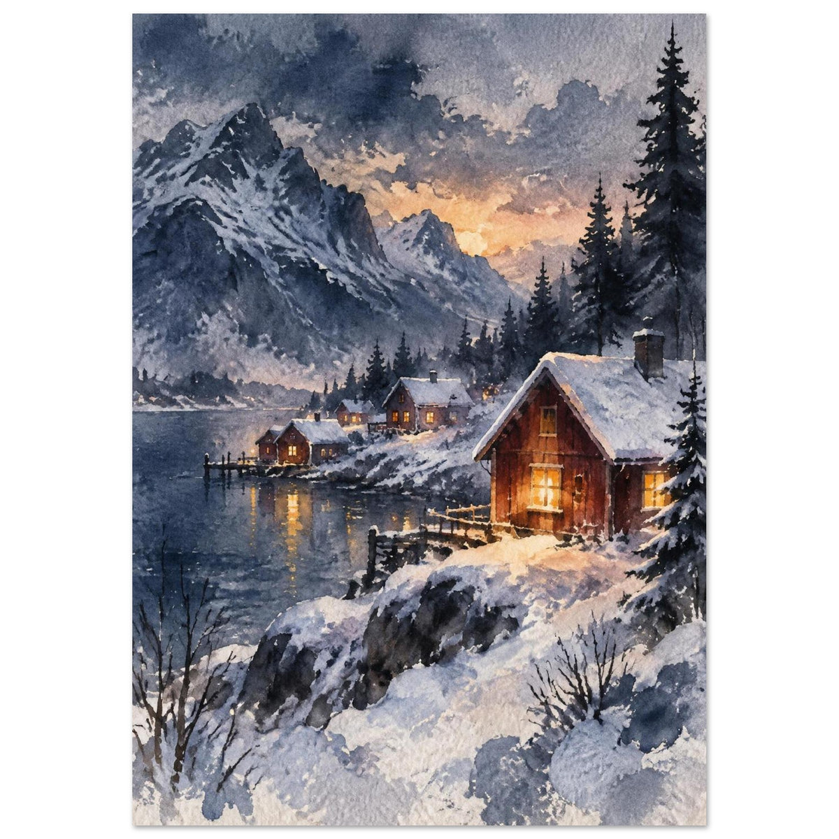 Watercolour snowy Nordic village at dusk with warm light in the cottage windows