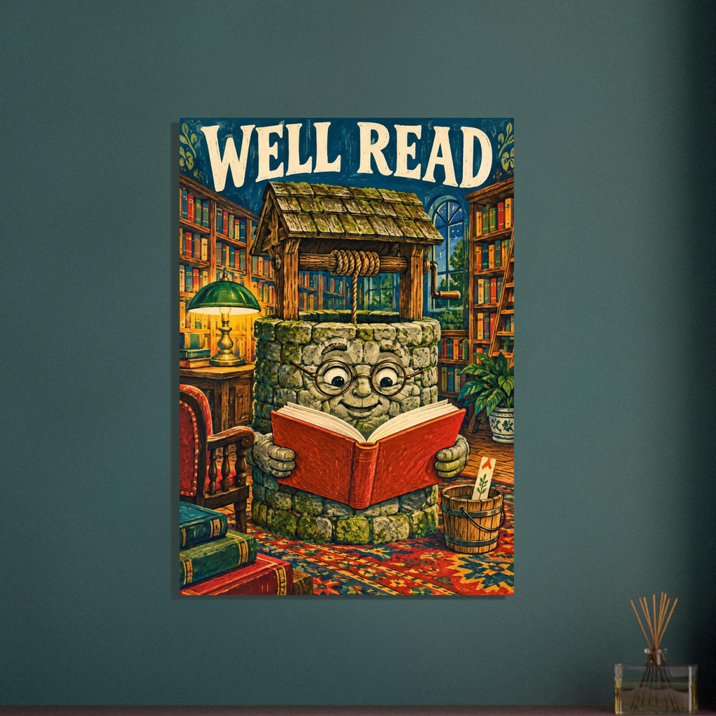 Well Read art print showing a smiling stone well wearing glasses and reading a book in a library