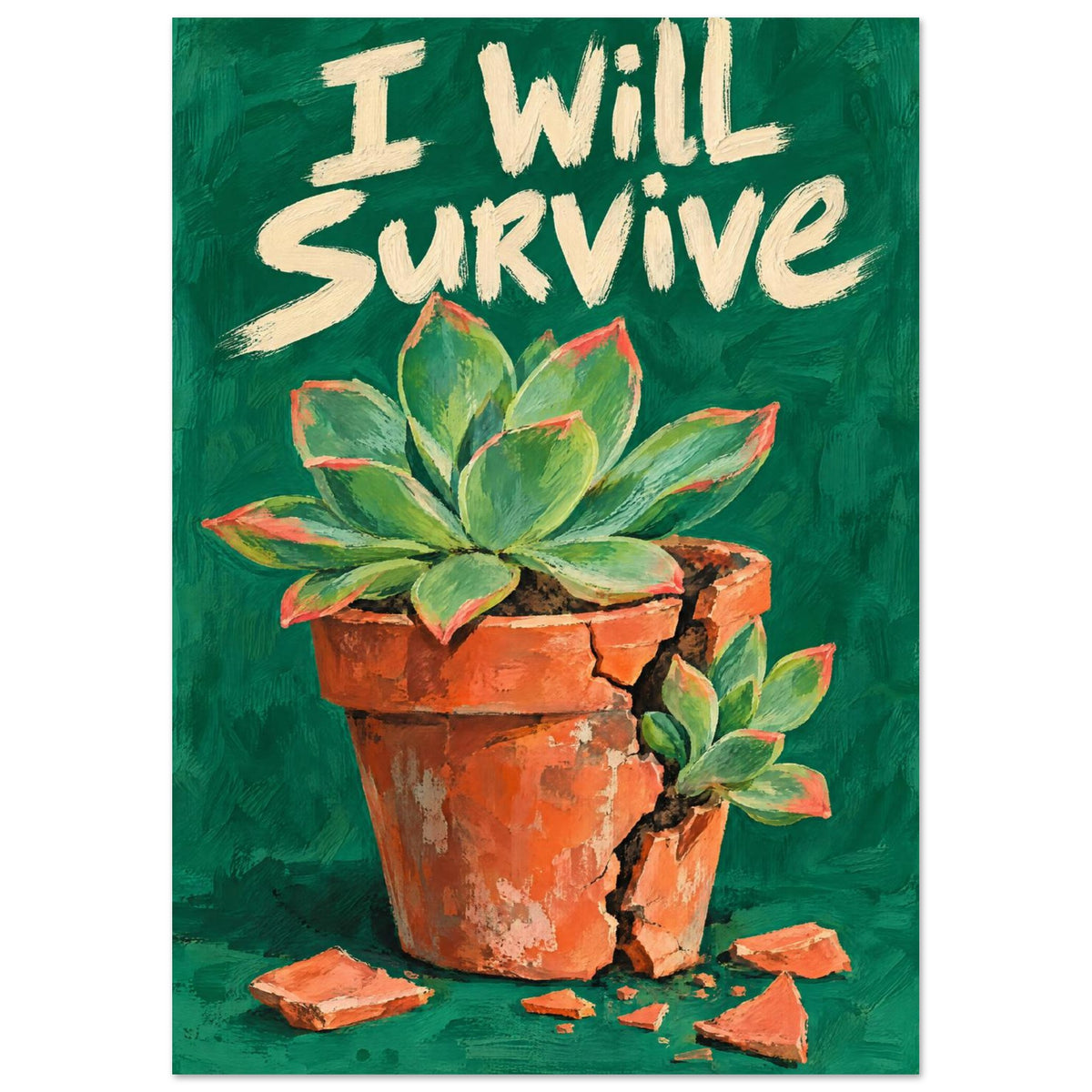 Succulents growing from a cracked terracotta pot beneath cream “I Will Survive” lettering on a textured green background.