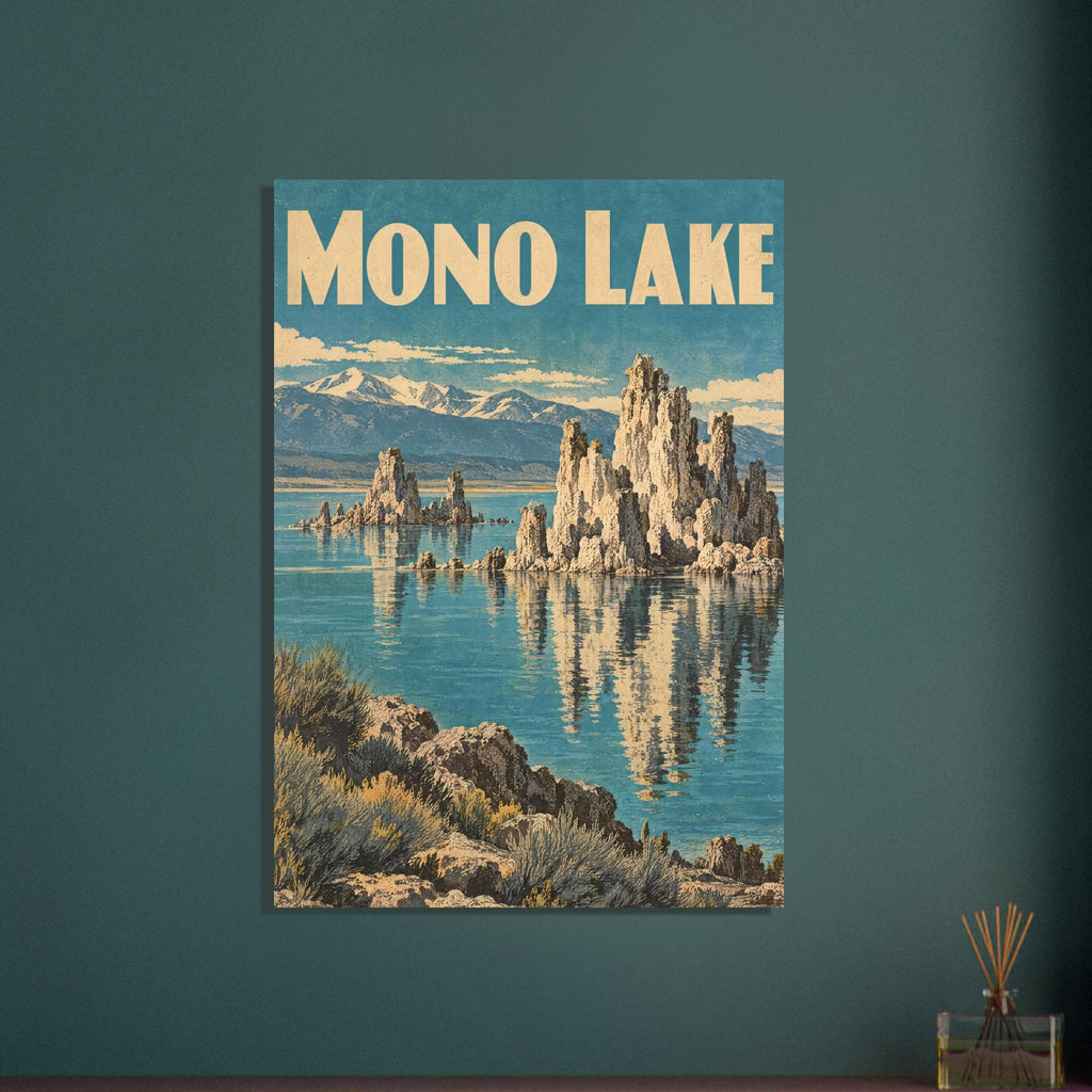 Mono Lake poster with cream lettering, rock towers reflected in teal water, distant mountains and a rocky foreground.