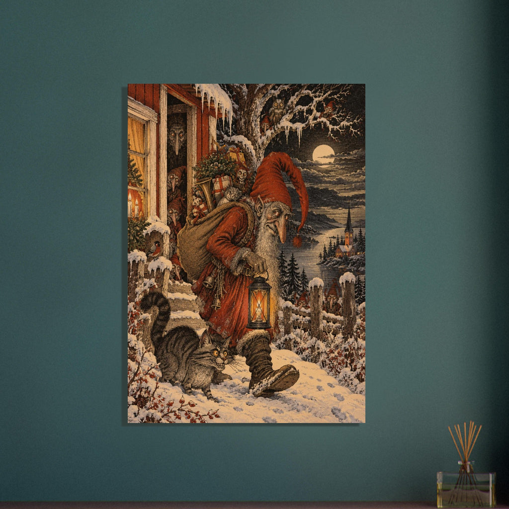 Christmas gnome in a red hat carrying a lantern and gifts through snow, with a striped cat and smaller gnomes nearby.