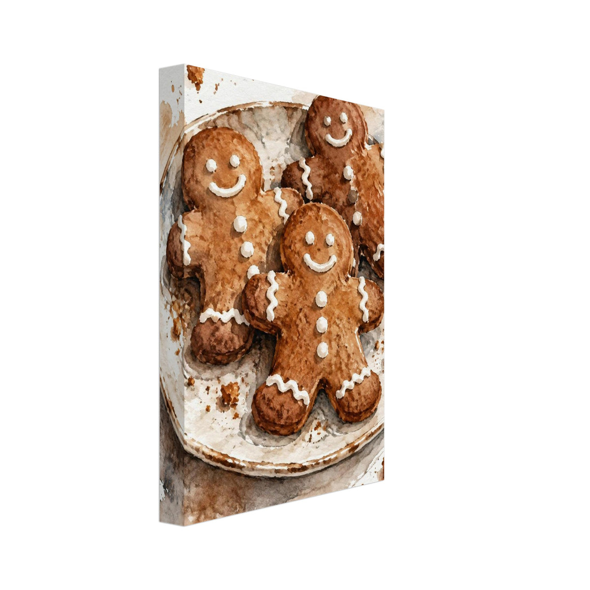 Three smiling gingerbread biscuits with white icing on a round plate, painted in watercolour with scattered crumbs.