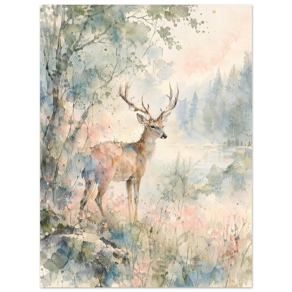 Antlered deer beside a tree and water, with misty conifers and loose watercolour washes of green, blue and pink.