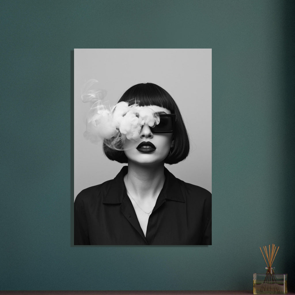 Woman with a dark bob, oversized sunglasses and dark lips, with smoke across her face in a black and white portrait.