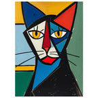 Cubist cat with yellow eyes, angular blue, cream and red features, and black whiskers against a colourful background.