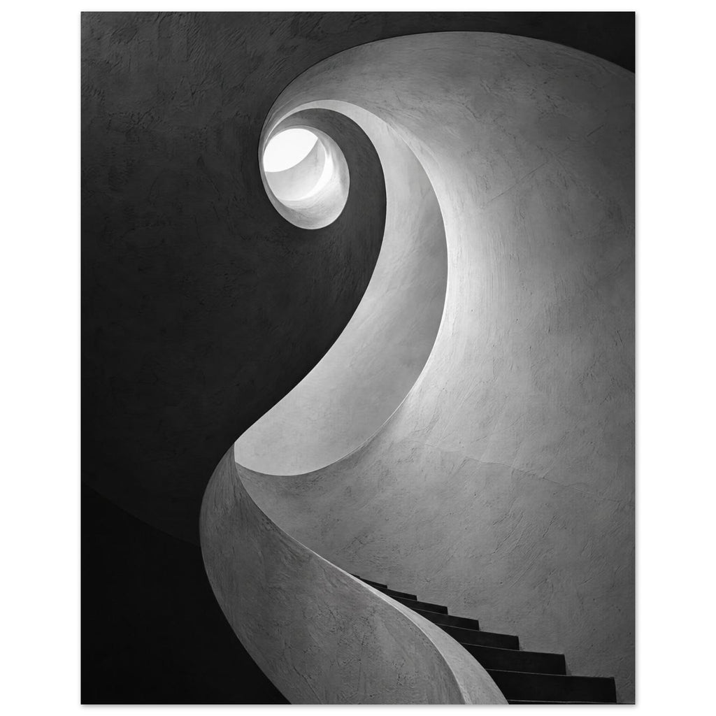 Spiral staircase viewed from below, with curved textured walls, dark steps and a bright opening in black and white.