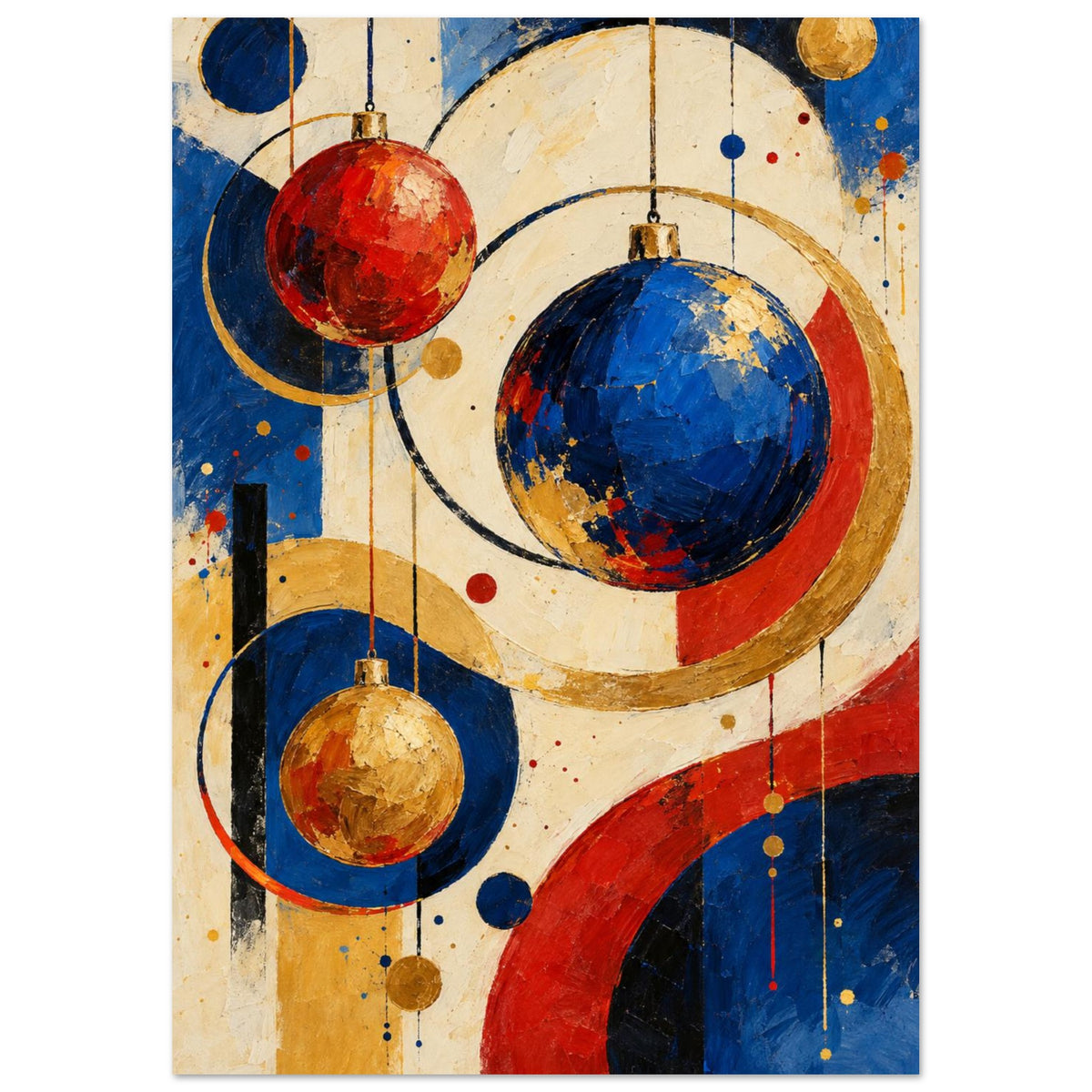 The Bauble Orchestra shows suspended circular ornaments and intersecting painted shapes in cobalt, vermilion, ochre and cream