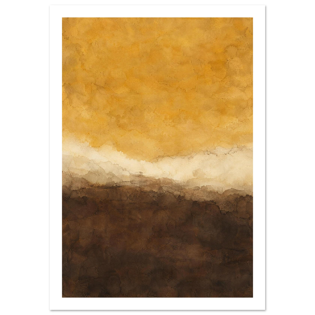 Abstract washes of golden ochre above a wavering cream band and deep brown layers, with softly textured edges.