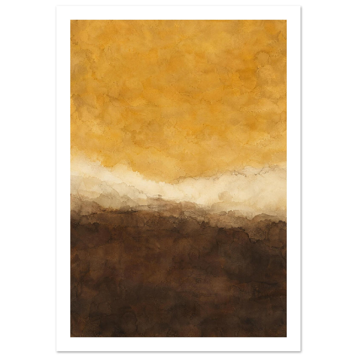 Abstract washes of golden ochre above a wavering cream band and deep brown layers, with softly textured edges.