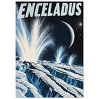 Enceladus lettering over an icy turquoise landscape with towering plumes, a ringed planet and stars in a black sky.