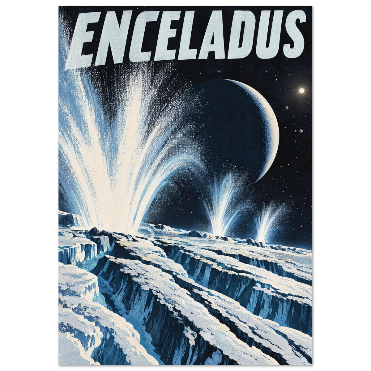 Enceladus lettering over an icy turquoise landscape with towering plumes, a ringed planet and stars in a black sky.