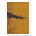 Jagged charcoal band across a mustard ochre field with scraped textures and rusty brown patches.