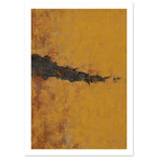 Jagged charcoal band across a mustard ochre field with scraped textures and rusty brown patches.