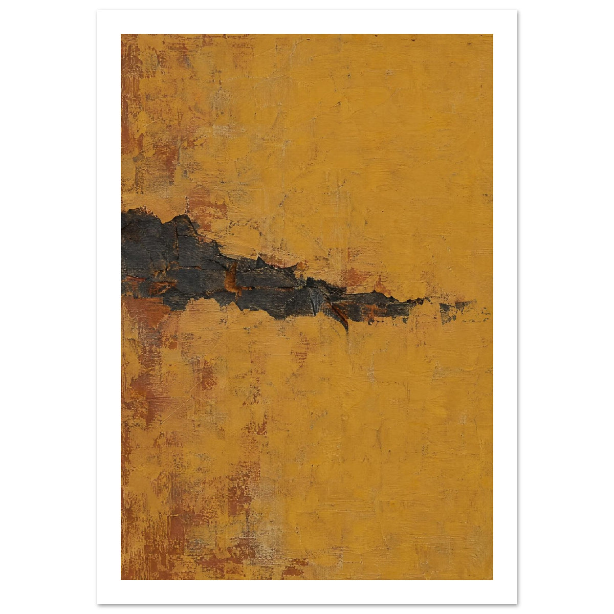 Jagged charcoal band across a mustard ochre field with scraped textures and rusty brown patches.