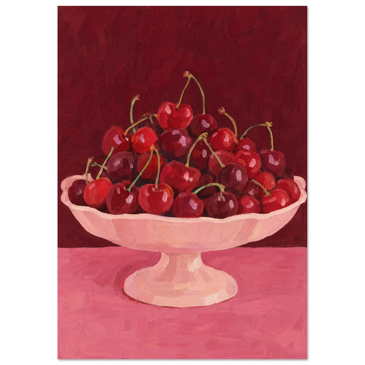 Red and burgundy cherries in a pale pink pedestal bowl on a pink tabletop against a deep red painted background.