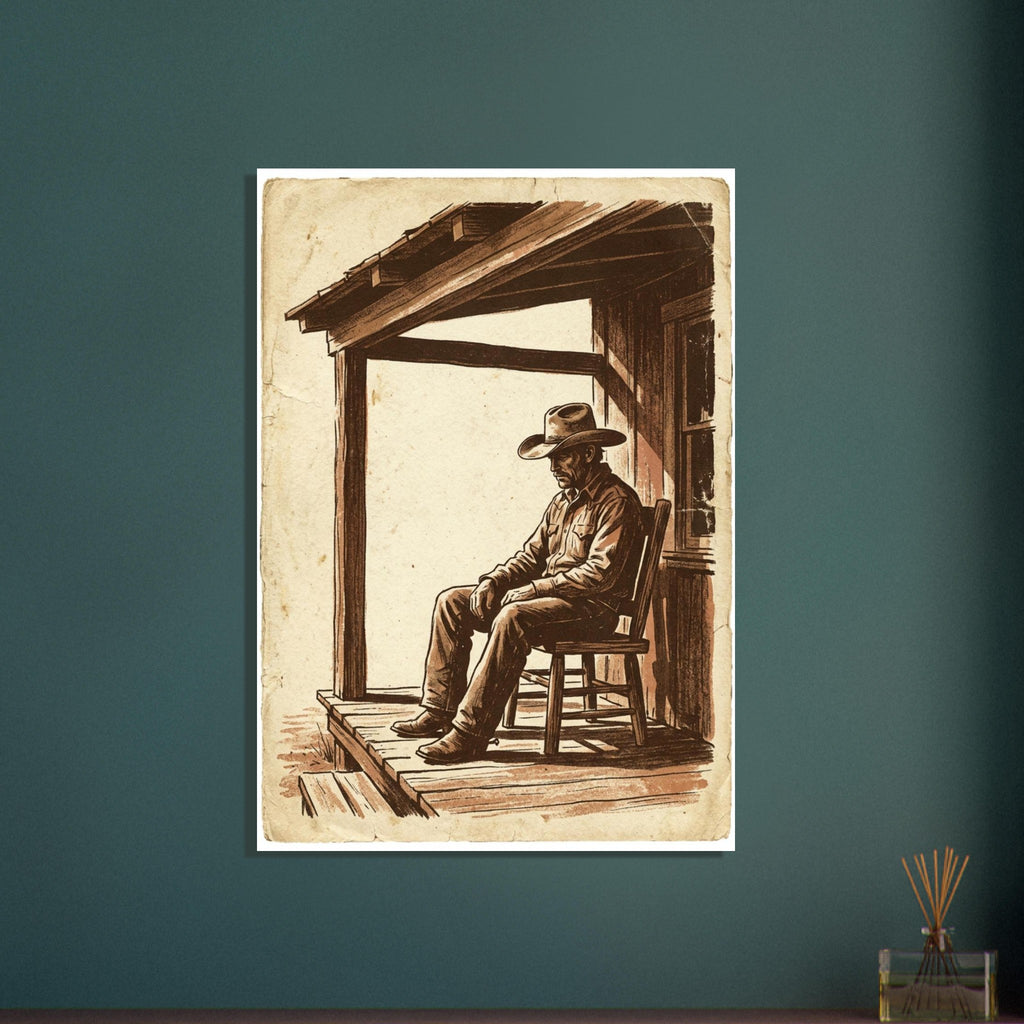 Cowboy in a wide-brimmed hat seated on a wooden porch, illustrated in brown on a distressed cream background.