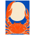 Orange crab with oversized raised claws surrounding a cream oval on a vivid blue background, with speckled texture.