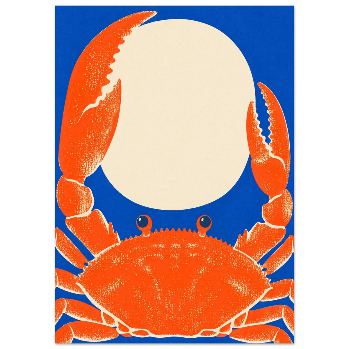 Orange crab with oversized raised claws surrounding a cream oval on a vivid blue background, with speckled texture.