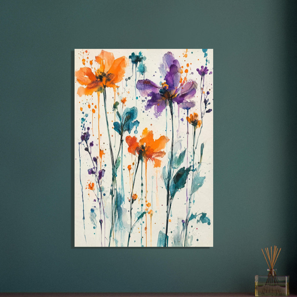Orange and purple watercolour flowers on tall stems with teal leaves, paint splashes and drips against cream.