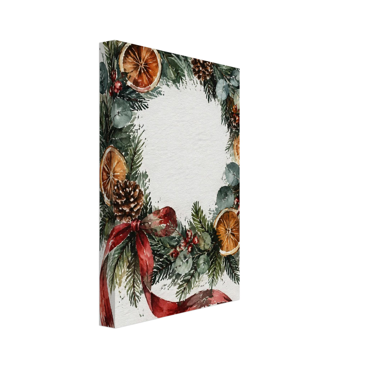 Watercolour wreath of evergreen foliage, eucalyptus, orange slices, pine cones and red berries with a trailing red bow.