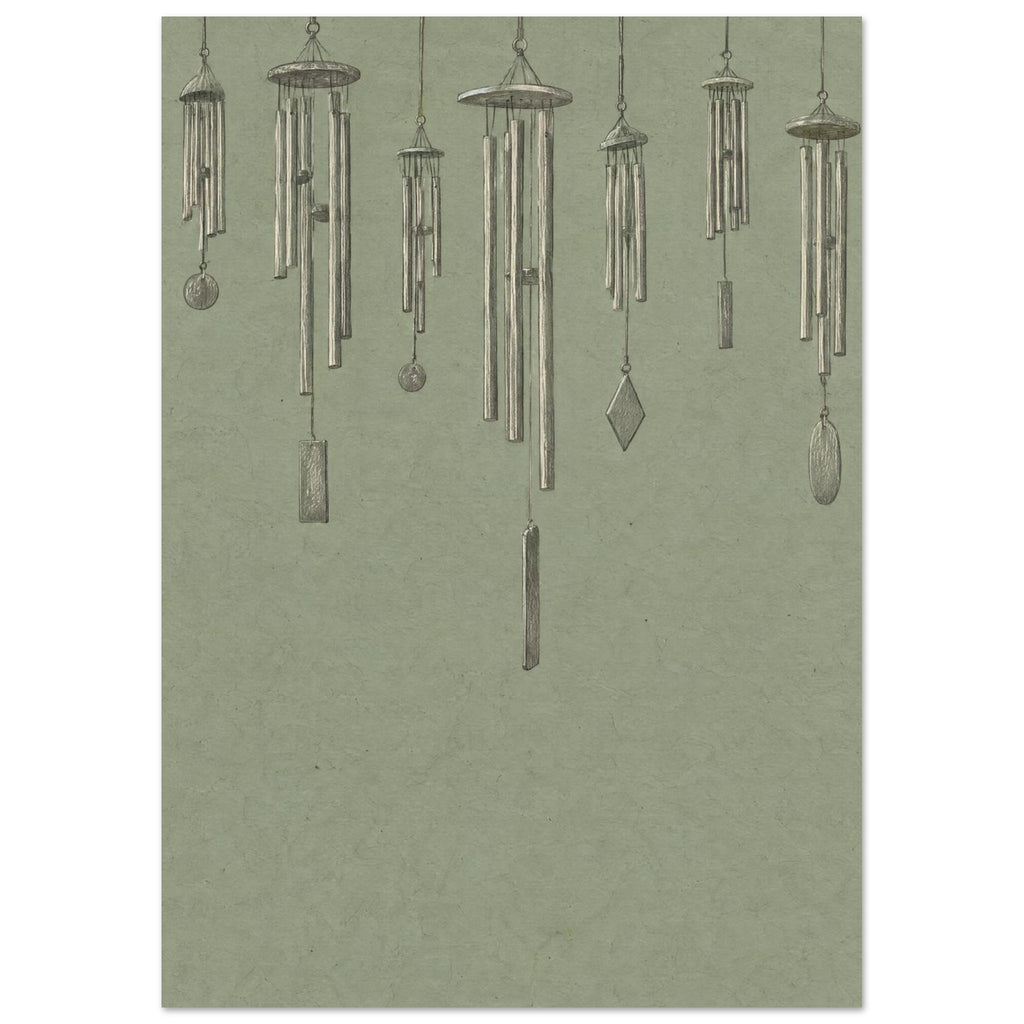 Seven finely drawn wind chimes hanging at varied heights against a textured sage green background.